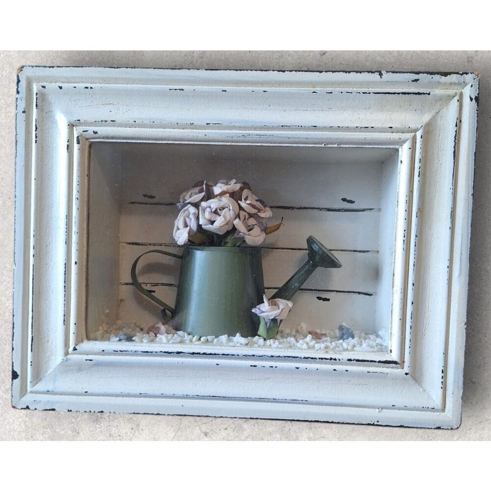Vtg Gardening 5x7 Shadow Box Watering Can and Flowers Cottagecore Farmhouse